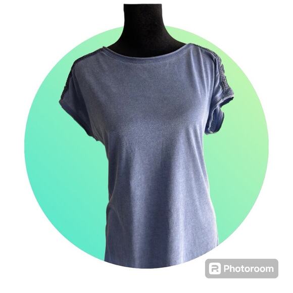 DANTELLE rounded neckline, short cap sleeve T-shirt with lace, women's size S - Picture 1 of 6